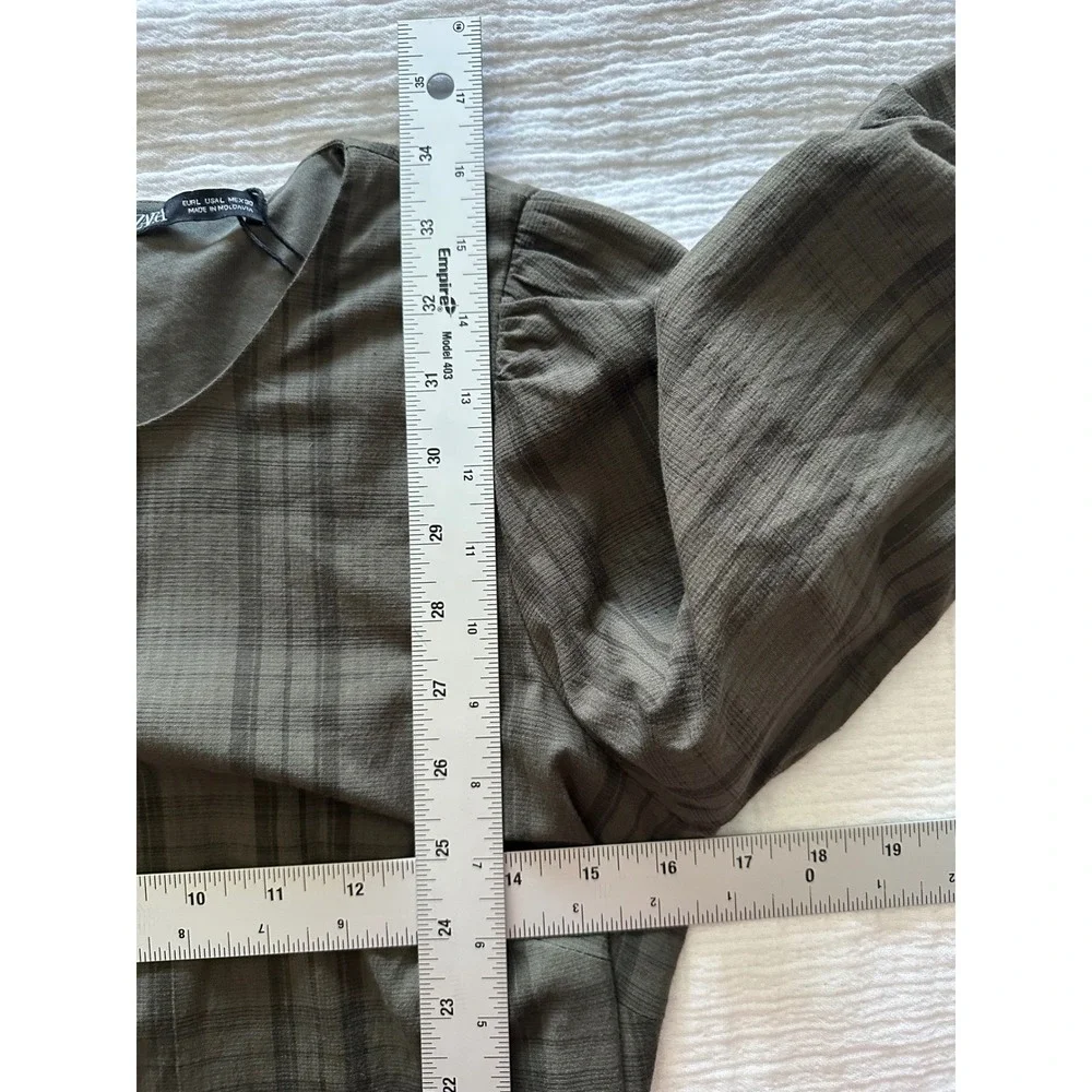 NWT Zara Khaki‎ Green Plaid Side Ruched Puff Sleeve Mini Dress Size Large L